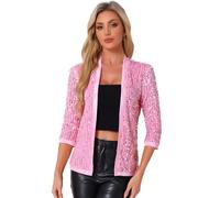 Allegra K Women's Sequin Cardigan Open Front Collarless 3/4 Sleeve Velvet Jacket Pink L
