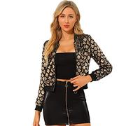 Allegra K Women's Sequin Jacket Bomber Long Sleeve Zipper Shiny Glitter Tops Sparkly Party Slitter Outfit, Metallic Gold, S