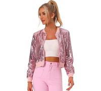 Allegra K Women's Sequin Long Sleeve Zipper Up Party Collarless Bomber Glitter Sparkly Jacket Pink XL