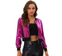 Allegra K Women's Sequin Long Sleeve Zipper Up Party Collarless Bomber Glitter Sparkly Jacket Rose Red L