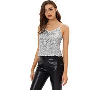 Allegra K Women's Sequined Shining Camisole Club Party Glitter Disco Sparkle Cami Top, Silver White, L