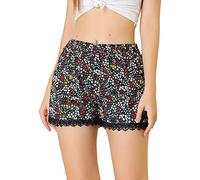 Allegra K Women's Shorts Allover Floral Printed Lace Trim Hem Elastic Waist Beach Shorts Navy Blue-Yellow/red 12
