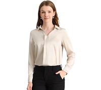 Allegra K Women's Silk Top Elegant V Neck Satin Blouse Long Sleeve Dressy Business Shirt Work Tops 2025, Apricot, L
