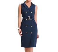 Allegra K Women's Sleeveless Notched Lapel Double Breasted Belted Work Office Blazer Dress Navy Blue S