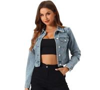 Allegra K Women's Slim Fit Button Down Long Sleeves Casual Cropped Denim Jean Jacket Dusty Blue S
