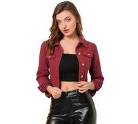 Allegra K Women's Slim Fit Button Down Long Sleeves Casual Cropped Denim Jean Jacket Wine Red S