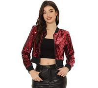 Allegra K Women's Sparkly Glitter Jackets Zipper Front Crop Bomber Sequin Jacket Red-A XS