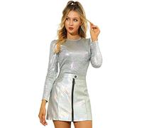 Allegra K Women's Sparkly Glitter Tops Shiny Metallic 80s Disco Outfits, Silver, XL