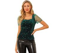 Allegra K Women's Square Neck Glitter Star Pattern Short Sleeve Velvet Top Dark Green M-12