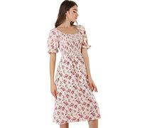 Allegra K Women's Square Neck Puff Sleeves Casual Midi Smocked Floral Dress Beige 12