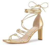 Allegra K Women's Square Toe Lace Up Chunky Heels Sandals Gold 8 UK/Label Size 10 US