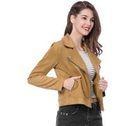 Allegra K Women's St. Patrick's Day Costumes Short Jacket Soft Moto Zip Up Pockets Faux Suede Biker Jackets Khaki M