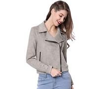 Allegra K Women's St. Patrick's Day Costumes Short Jacket Soft Moto Zip Up Pockets Faux Suede Biker Jackets Gray L
