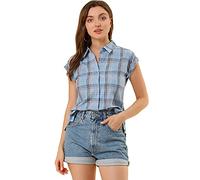 Allegra K Women's St Patrick's Day Plaid Tops Casual Short Sleeves Western Button Down Shirt, Blue, M