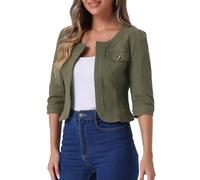 Allegra K Women's St. Patrick's Day Short Denim Jacket Collarless 3/4 Sleeve Jean Jackets Army Green L