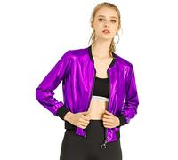Allegra K Women's St. Patrick's Day Sparkly Holographic Lightweight 90S Shiny Metallic Bomber Jacket Dark Purple L