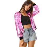 Allegra K Women's St. Patrick's Day Sparkly Holographic Lightweight 90S Shiny Metallic Bomber Jacket Pink L