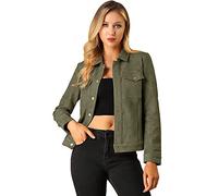 Allegra K Women's St. Patrick's Day Turn-Down Collar Flap Pockets Snap Button Faux Suede Jacket Medium Army Green