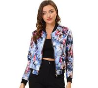Allegra K Women's Stand Collar Lightweight Zip Up Floral Bomber Jacket Blue L