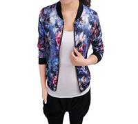 Allegra K Women's Stand Collar Lightweight Zip Up Floral Bomber Jacket Blue L