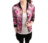 Allegra K Women's Mothers Day Costumes Stand Collar Lightweight Zip Up Floral Bomber Jacket Fuchsia S