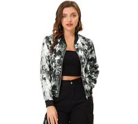 Allegra K Women's Mothers Day Costumes Stand Collar Lightweight Zip Up Floral Bomber Jacket Gray M