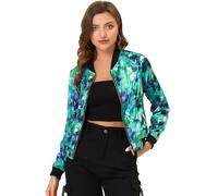Allegra K Women's St. Patrick's Day Costumes Stand Collar Lightweight Zip Up Floral Bomber Jacket Green S