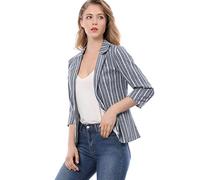Allegra K Women's Striped 3/4 Sleeves Open Front Notched Lapel Blazer Blue M-12