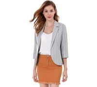 Allegra K Women's Striped 3/4 Sleeves Open Front Notched Lapel Blazer Gray S-8