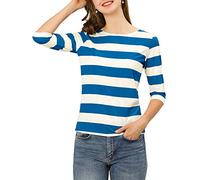Allegra K Women's Striped Top Long Sleeve Crew Neck Tops Casual t Shirt, Blue White, S