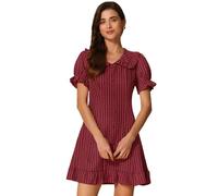 Allegra K Women's Summer Casual Gingham Print Ruffled Trim Puff Sleeve Peter Pan Collar Dress Red Black M