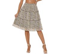 Allegra K Womens Summer Floral Chiffon Skirts Smocked Elastic Waist A-Line Below Knee Length Ruffle Tiered Skirt, Black, XL