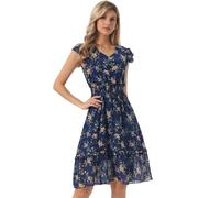 Allegra K Women's Summer Floral Dress Flutter Sleeve V Neck Ruffle Casual Beach Vacation Smocked Dresses Navy Blue XL