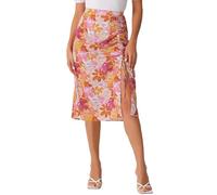 Allegra K Women's Summer Flowy Ruched Front Beach Tropical Floral Midi Skirt with Slit Orange XL