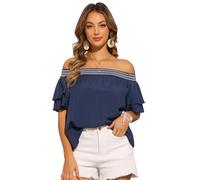 Allegra K Women's Summer Off Shoulder Top Ruffle Short Sleeve Smocked Casual Boho Solid Blouse Dark Blue L