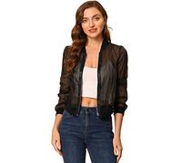 Allegra K Women's Summer Zip Up See Through Lightweight Long Sleeve Sheer Bomber Jacket Black XL