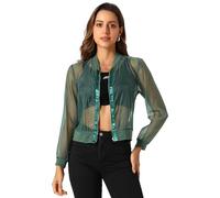 Allegra K Women's Summer Zip Up See Through Lightweight Long Sleeve Sheer Bomber Jacket Green L