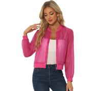 Allegra K Women's Summer Zip Up See Through Lightweight Long Sleeve Sheer Bomber Jacket Hot Pink L