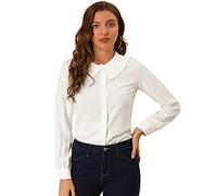 Allegra K Women's Swiss Dots Long Sleeves Button Front Shirt Peter Pan Collar Blouse, White, X-Small