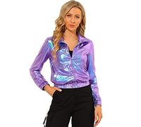 Allegra K Women's Track Jacket Holographic Shiny Long Sleeve Metallic Zip Front Jacket Blue Purple S