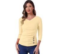 Allegra K Women's V Neck Blouse 3/4 Sleeves Solid Knitted Buttons Decor Ruched Top Apricot S