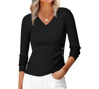 Allegra K Women's V-Neck Knitted Sweaters Ruched Button 2025 Long Sleeve Cross Wrap Sexy Slim Fit Tops Black L