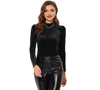 Allegra K Women's Velvet Blouses Mock Neck Basic Metallic Glitter Puff Long Sleeve Blouse Saree Top Black M