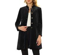 Allegra K Women's Velvet Jacket Contrast Trim Pockets Stand Collar Single Breasted Long Coat, Black, Large