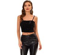 Allegra K Women's Velvet Spaghetti Strap Glitter Sequin Tank Camisole Club Party Crop Cami Top Black 20