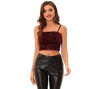 Allegra K Women's Velvet Spaghetti Strap Glitter Sequin Tank Camisole Club Party Crop Cami Top Burgundy 12