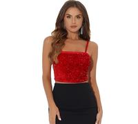 Allegra K Women's Velvet Spaghetti Strap Glitter Sequin Tank Camisole Club Party Crop Cami Top Dark Red L