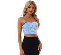 Allegra K Women's Velvet Spaghetti Strap Glitter Sequin Tank Camisole Club Party Crop Cami Top Light Blue XL