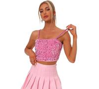 Allegra K Women's Velvet Spaghetti Strap Glitter Sequin Tank Camisole Club Party Crop Cami Top Light Pink L