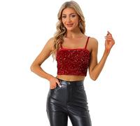 Allegra K Women's Velvet Spaghetti Strap Glitter Sequin Tank Camisole Club Party Crop Cami Top Red L